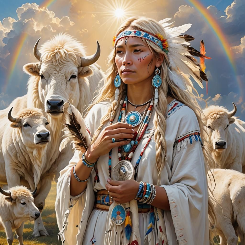 Native American Maiden with White Buffalo and Rainbow