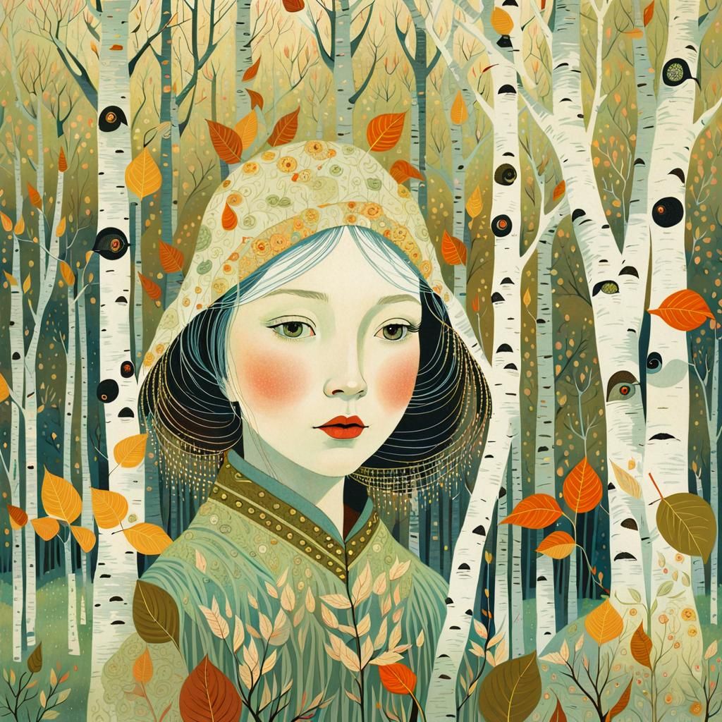 Girl in Birch Forest: Intricate Golden Age Illustration
