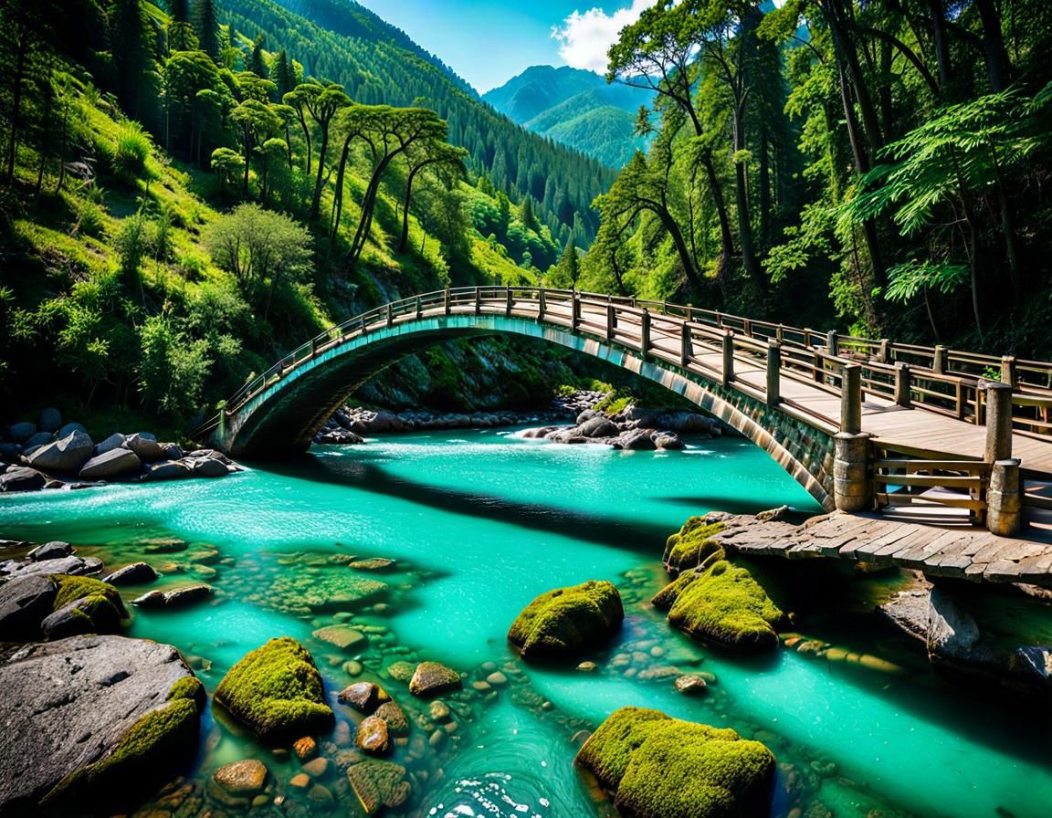 Arched Bridge Over Turquoise River in Tropical Setting