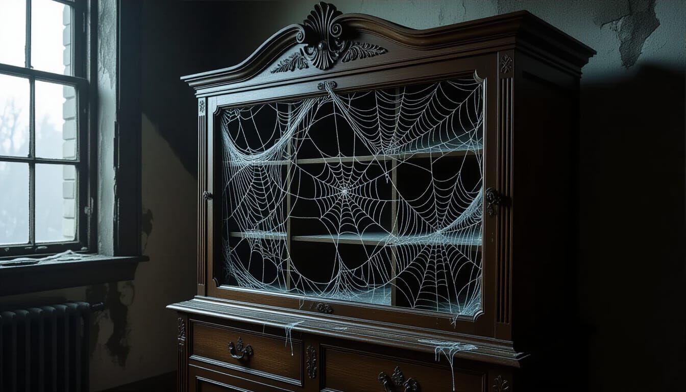 Gothic Cabinet of Ethereal Spiderwebs in Dim Light