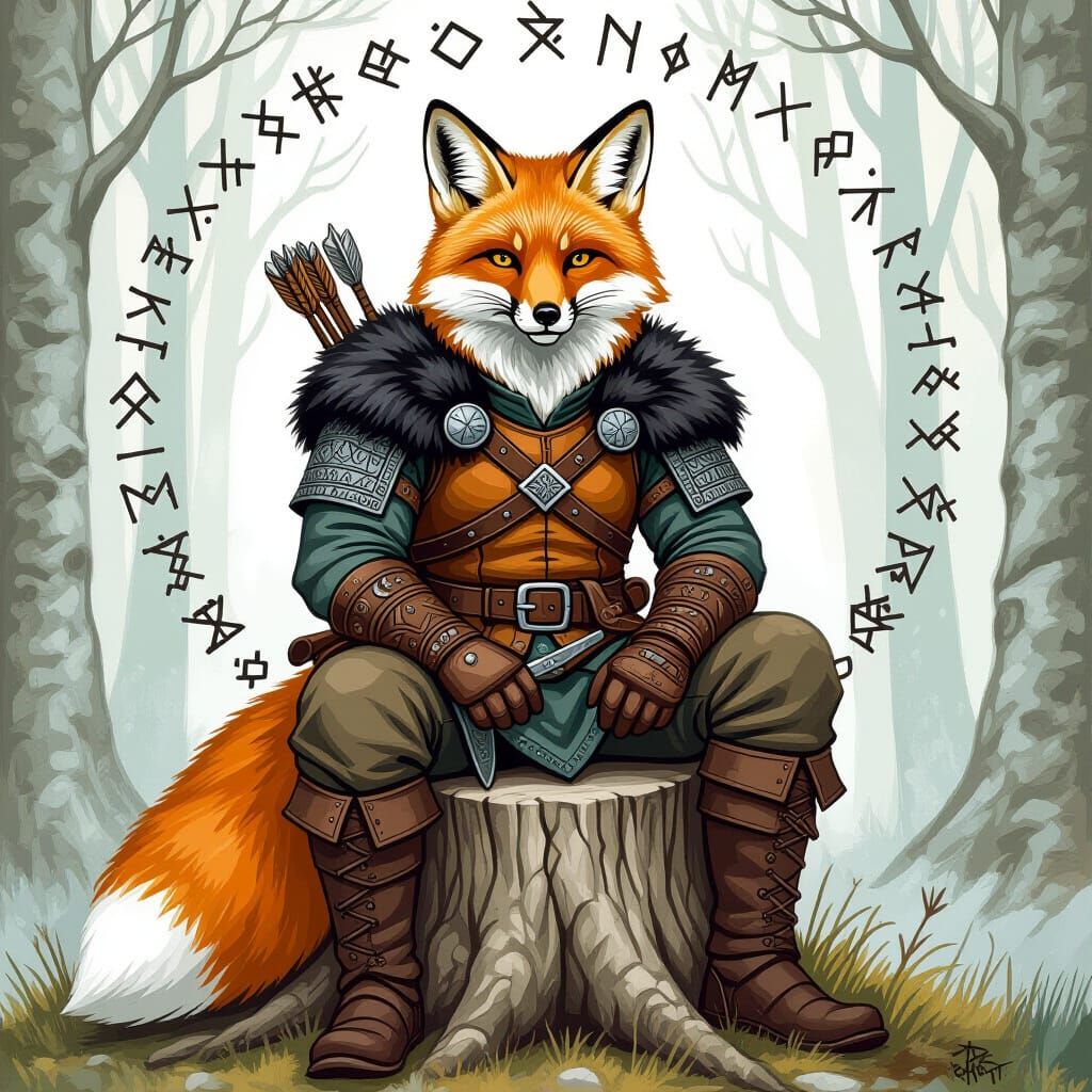 Viking Fox Warrior in Folk Art Style