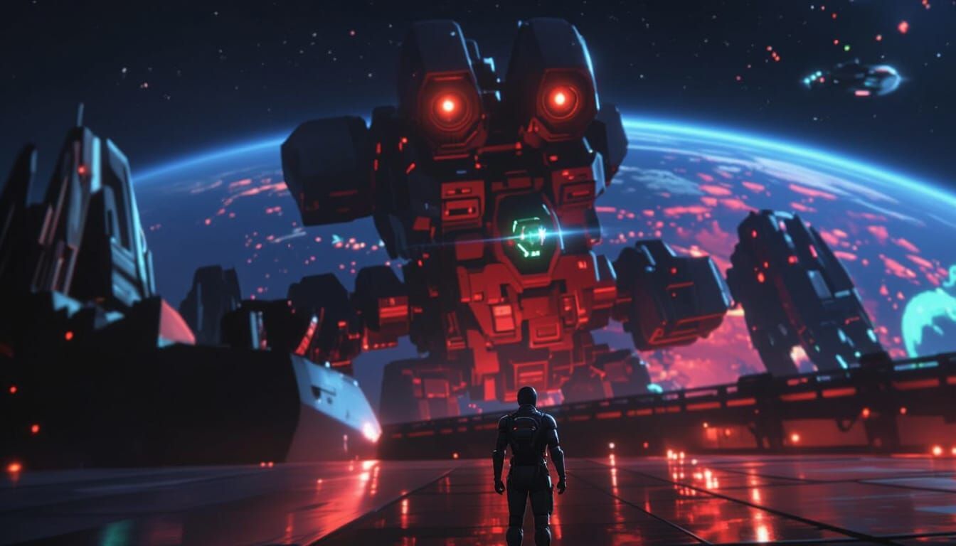 Futuristic Mech Attacks Space Station with Lone Warrior