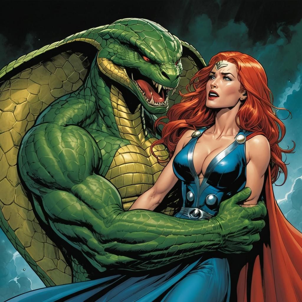 Cobra-Man Wrestles Lady Thor in Comic Book Art