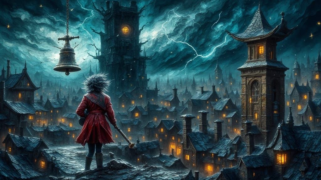 Surreal Oil Painting of Lone Figure in Lightning Storm