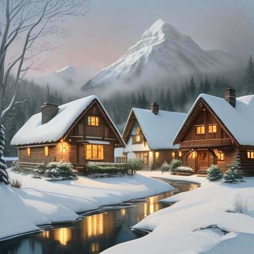 Charming Winter Village in Watercolor Illustration