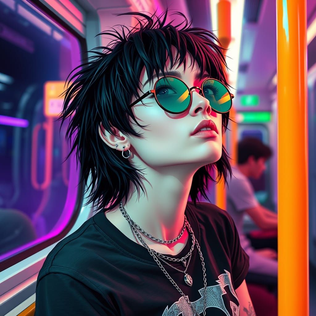 Cyberpunk Woman in Subway with Neon Lights