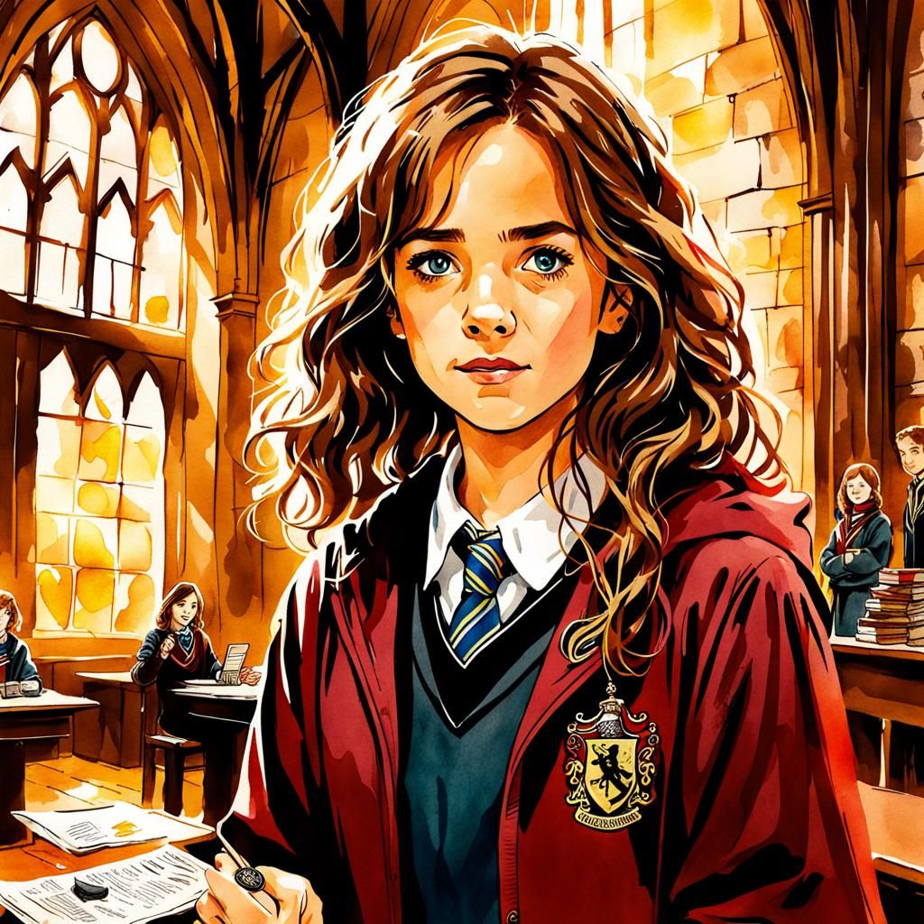 Hermione Granger at Hogwarts in Watercolor Style