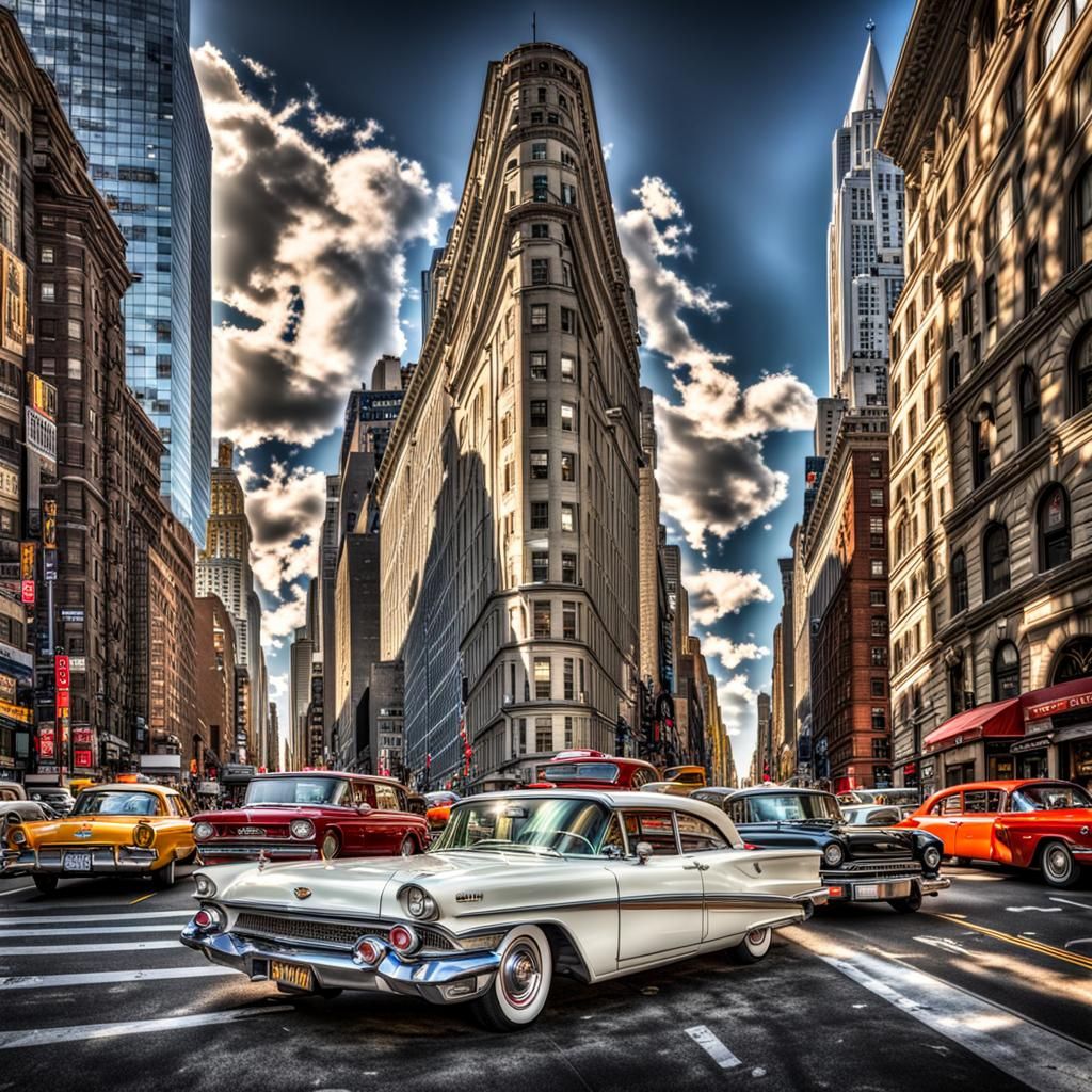 Classic Cars in NYC Rush Hour: Hyperrealistic