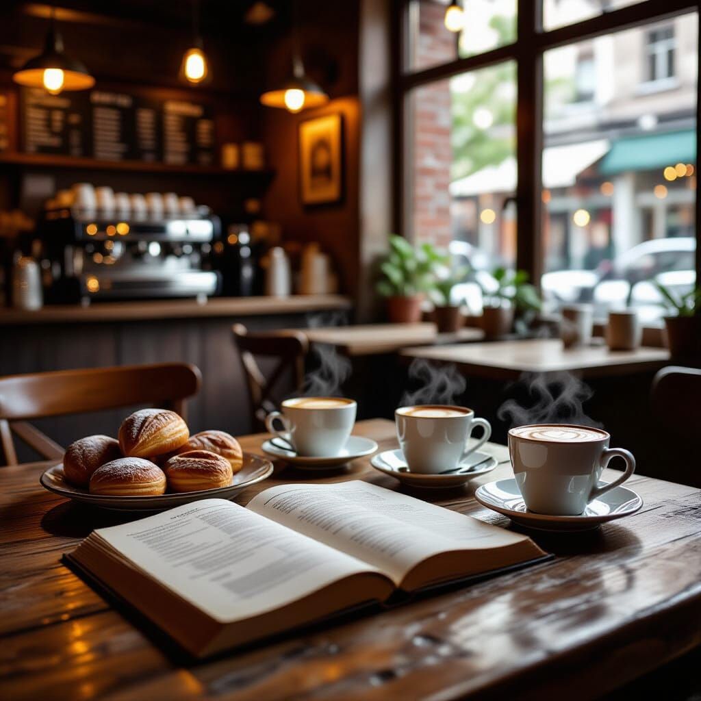 Cozy Cafe Interior with Coffee and Pastries