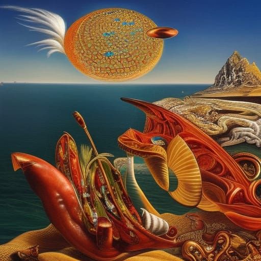Golden Archipelago: Surrealist Landscape in Deep Triadic Col...