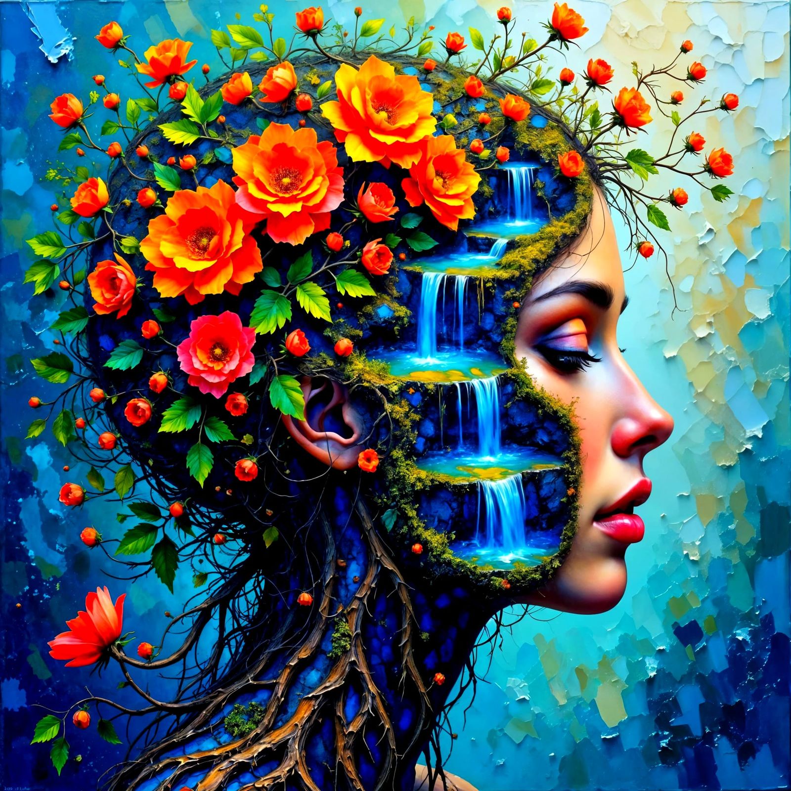 Medeina Forest Dryad's Inner Waterfall Landscape Oil Paintin...