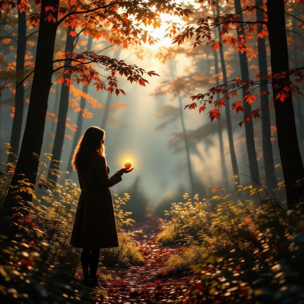 Woman With Glowing Lemon in Misty Autumn Forest