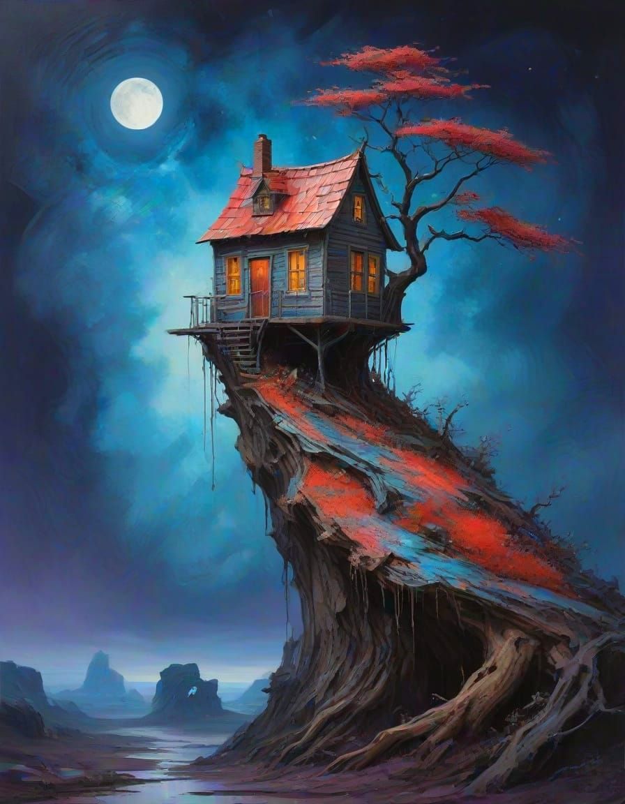 Surreal House on Torn Paper Cliff in Moonlight