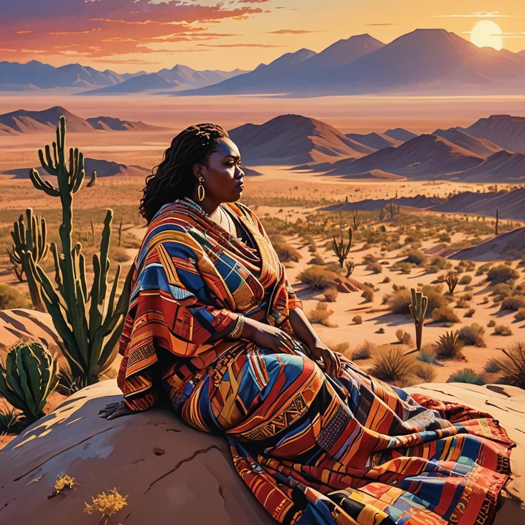 Desert Sunset with Woman in Art Deco Style