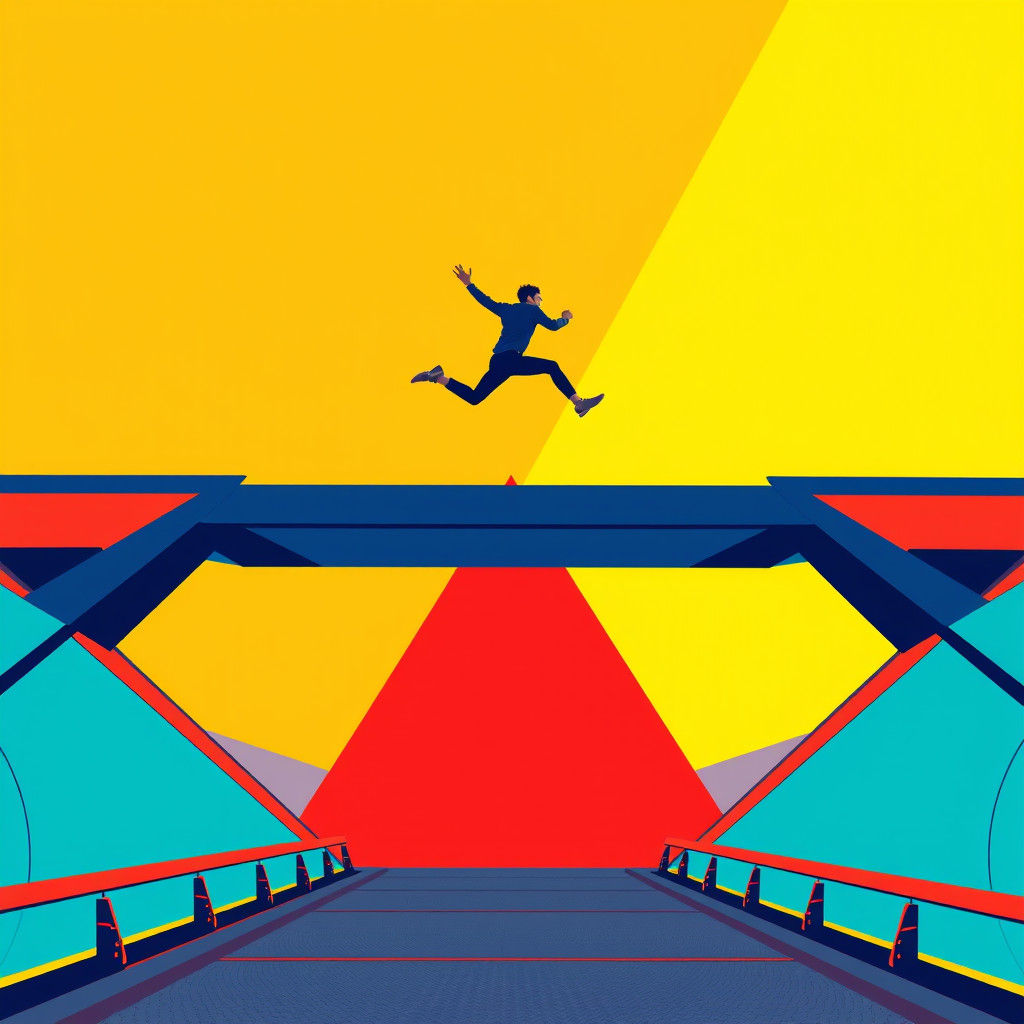 Leaping Figure on Geometric Bridge in Pop Art Style