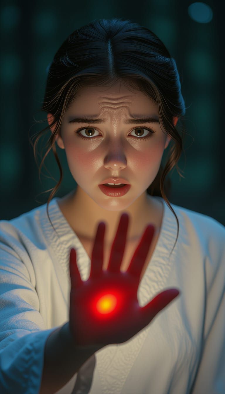 Eerie Close-Up: Glowing Hand in Dim Horror Scene