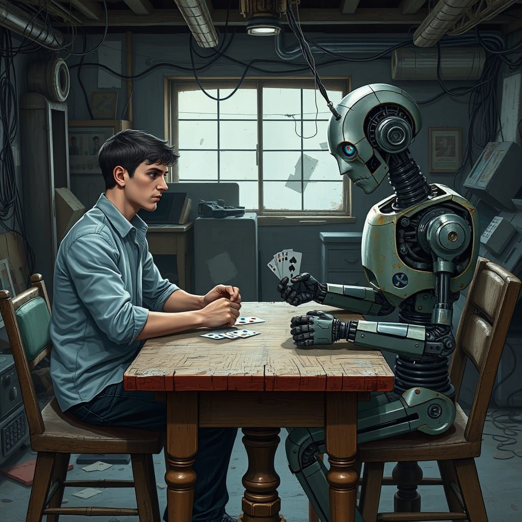 Confident Man Plays Poker with a Worn Robot in a Cyberpunk D...