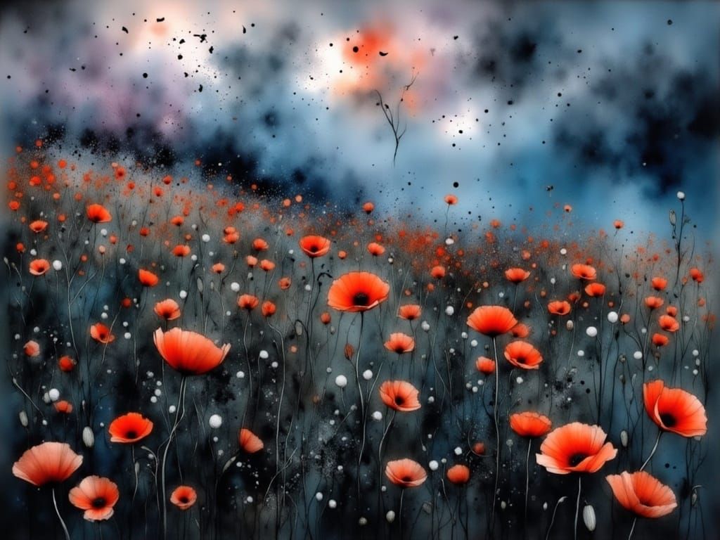 Mysterious Noctilucent Storm over a Swirling Poppy Landscape