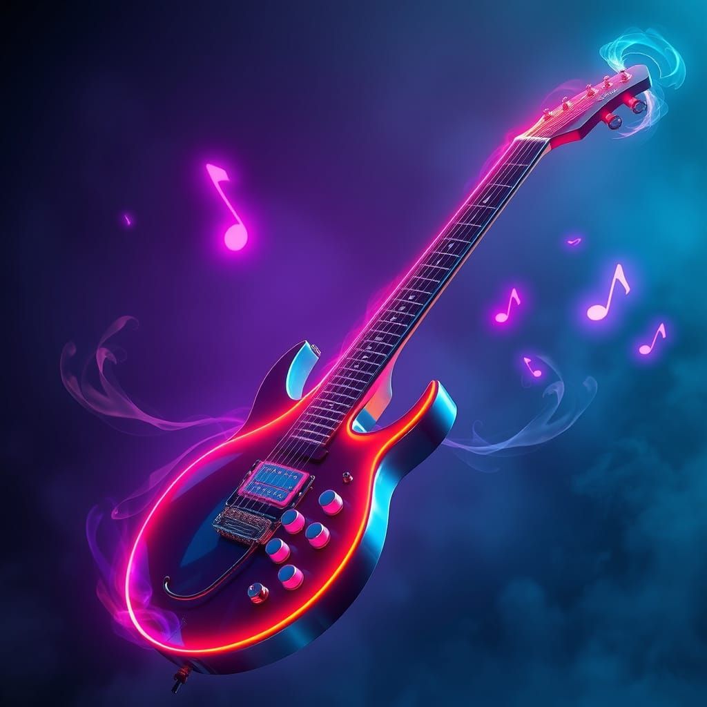 Sleek Neon Electric Guitar with Smoldering Frets and Swirlin...