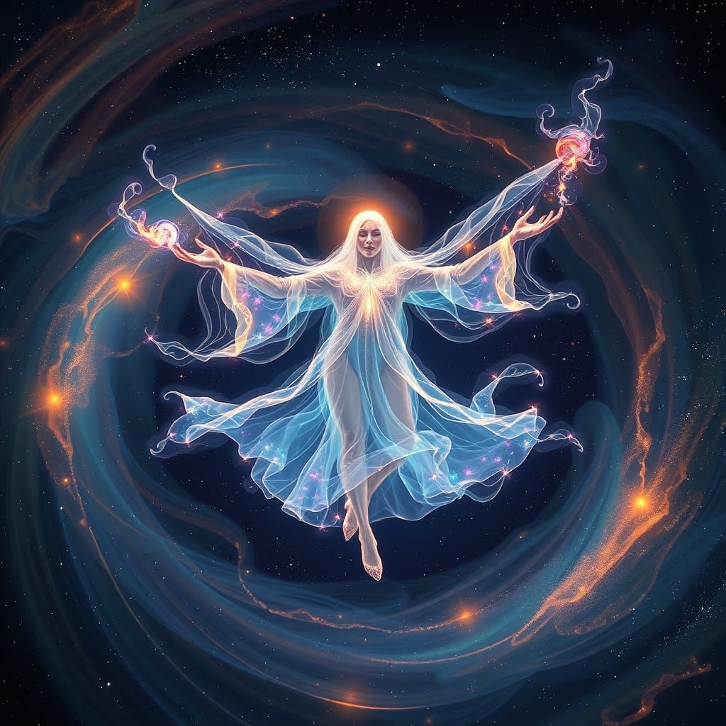 Surreal Astral Being Conducts Cosmic Ballet in Shimmering Ro...