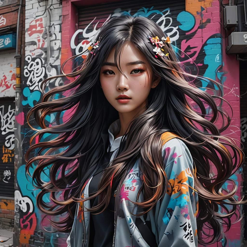 Korean Girl in Graffiti Scene with 3D Illusions