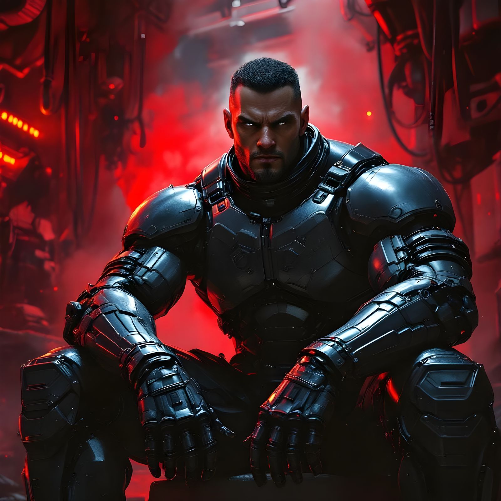 Cyborg in Futuristic Workshop with Red Lighting