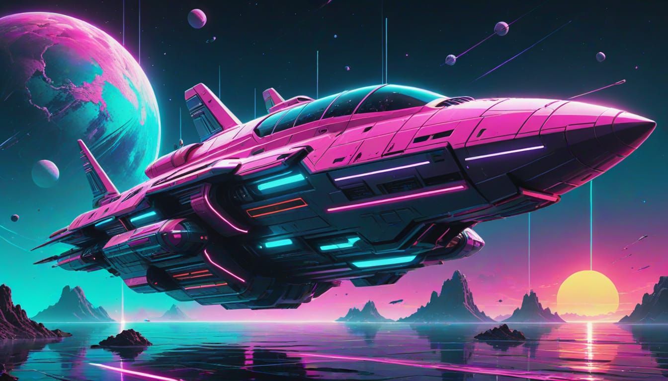 Gleaming Phoenician-Inspired Spaceship Soars in Vibrant Synt...