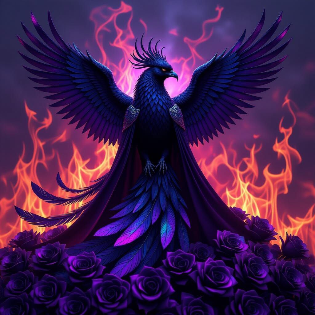 Iridescent Black Phoenix Rising from Metallic Roses