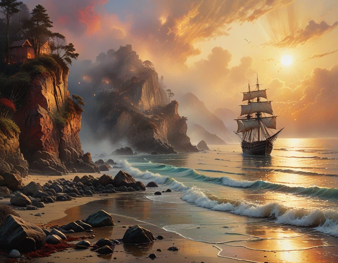 Surreal Coastal Masterpiece with Golden Sunset Glow