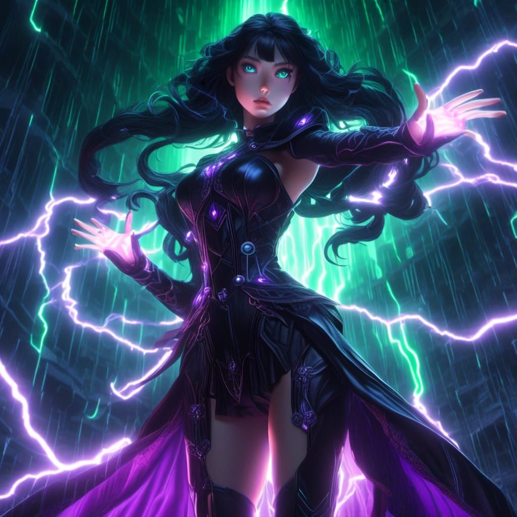 Anime, left hand outstretched, Young female with glowing purple eyes, braided black hair, pale skin, black_short sleve, ...