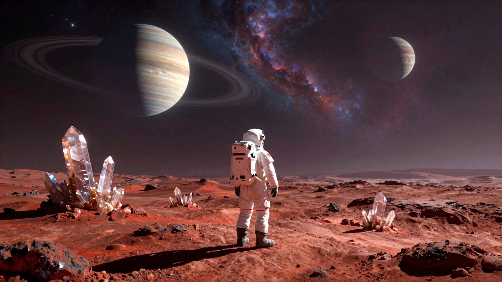 Astronaut Gazes at Alien Sky with Twin Moons