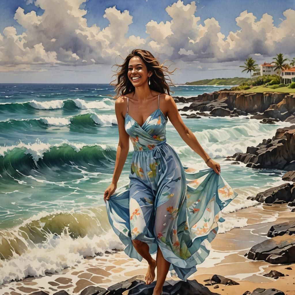 Watercolor Painting of Model in Caribbean Sea