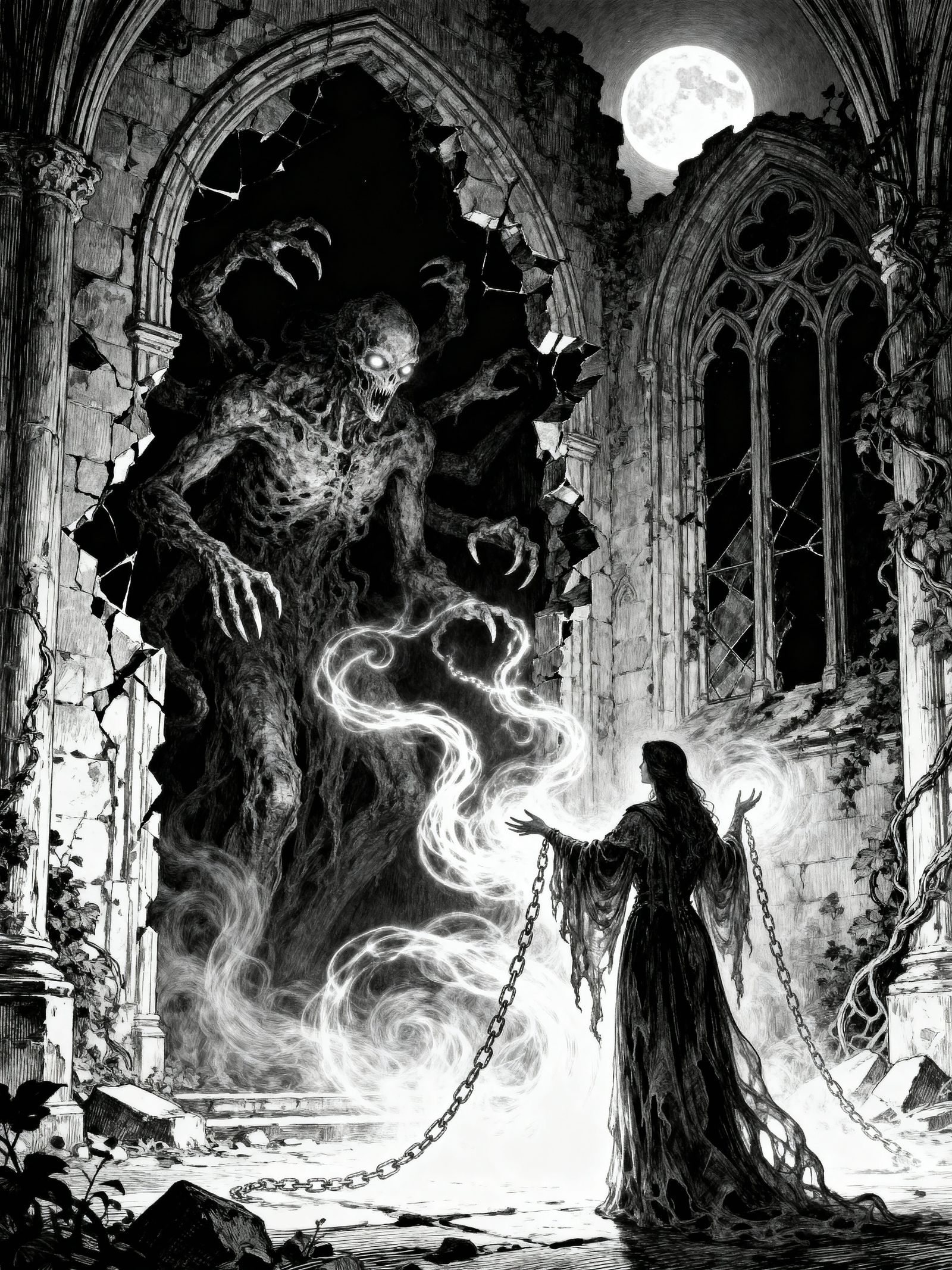 Spectral Sorceress Conjures Chains in Gothic Horror Art