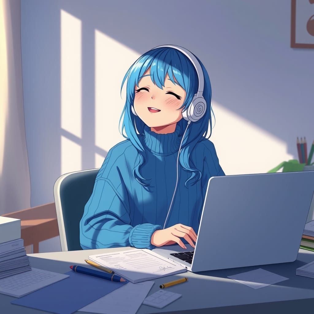 Anime Key Visual of a Happy Girl in a Cozy Study Scene