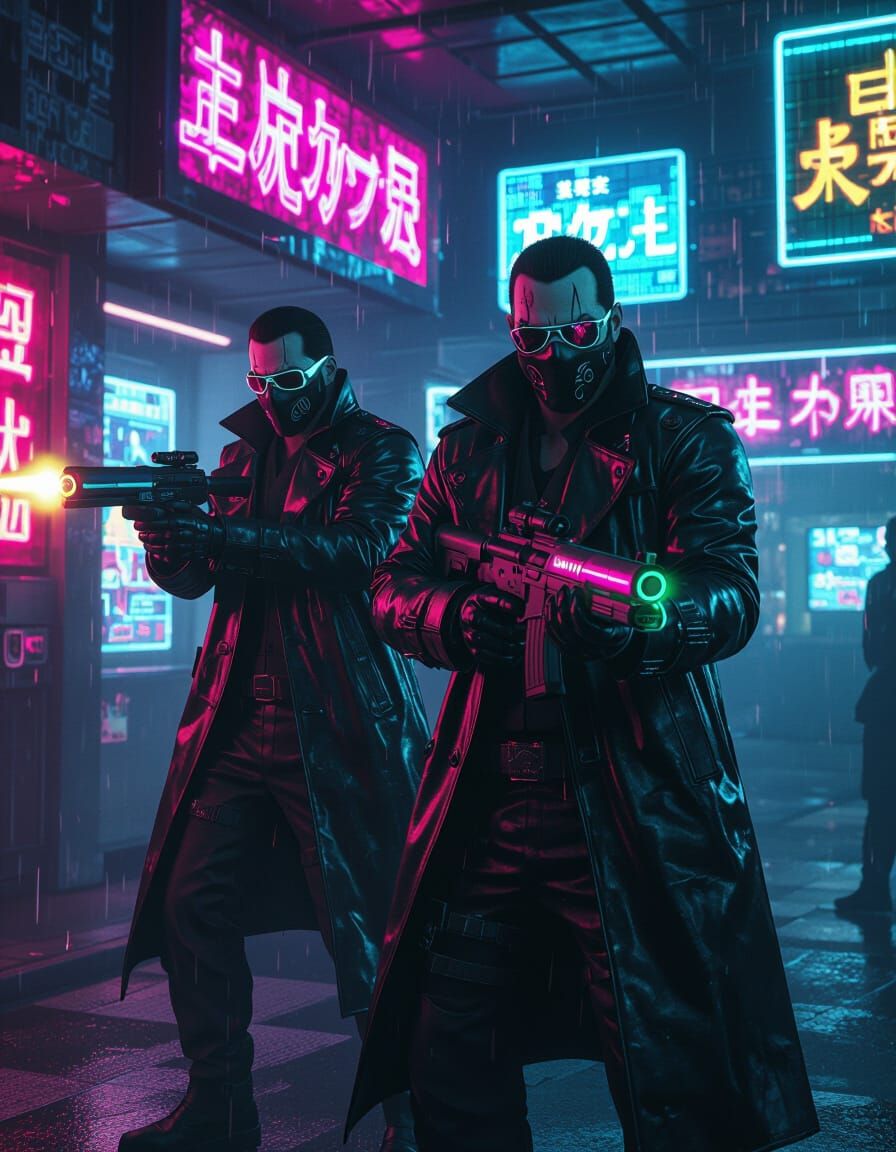 Masked Yakuza Bank Robbery in Cyberpunk Style
