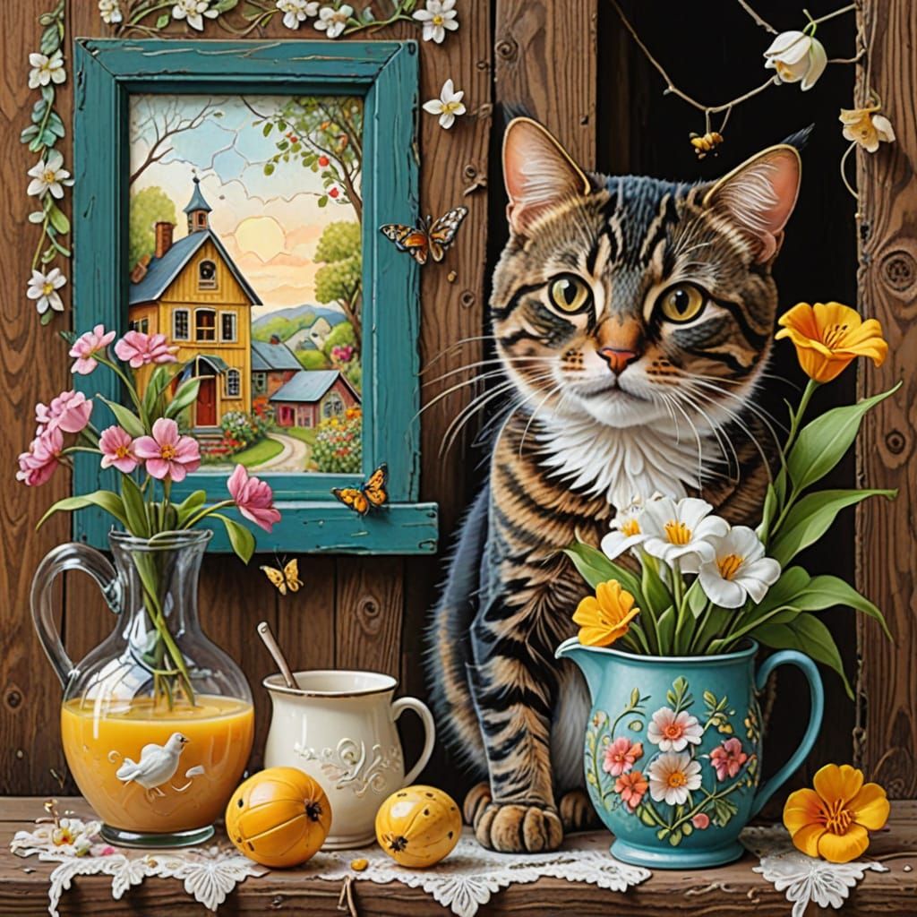 Whimsical Cartoon Cat Amidst Floral Victorian Wallpaper