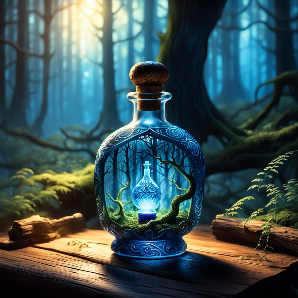 Glowing Potion Bottle in Mystical Forest