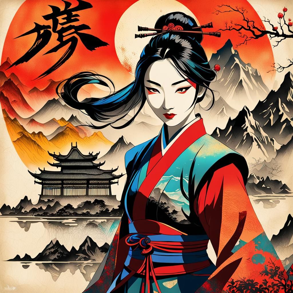 Mulan Portrait in Vintage Ink Lithography Style