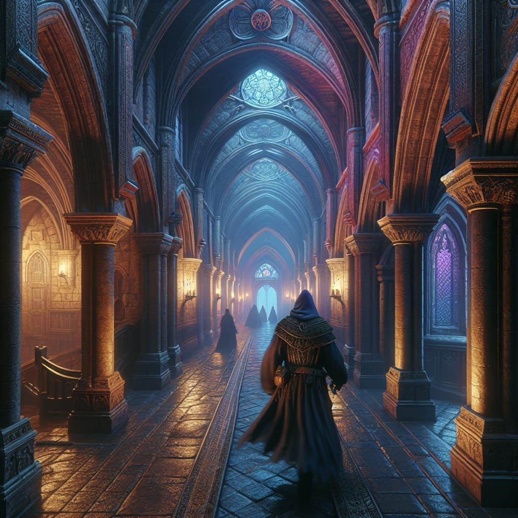 Hooded Figure in Grand Medieval Castle at Night