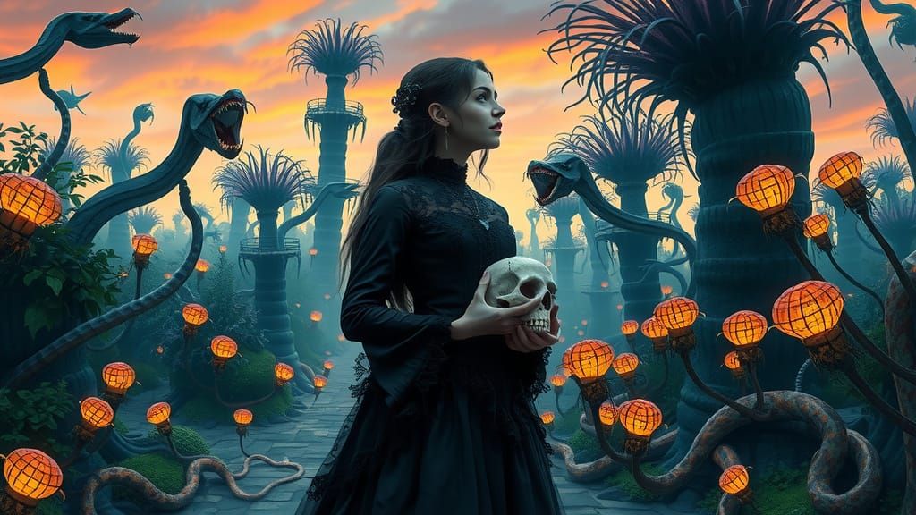 Mysterious Victorian Woman Amongst Carnivorous Blooms