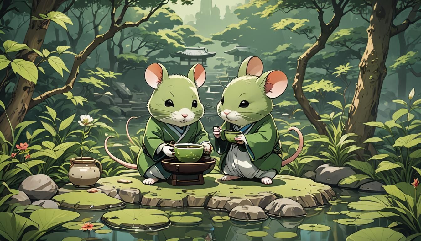 Matcha Mouse in Japanese Garden: Cel-Shaded Anime Art