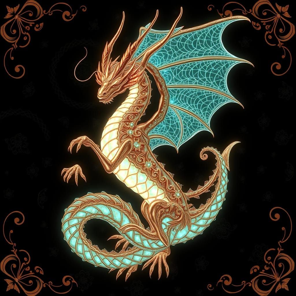 Bioluminescent Dragon with Copper Filigree Design