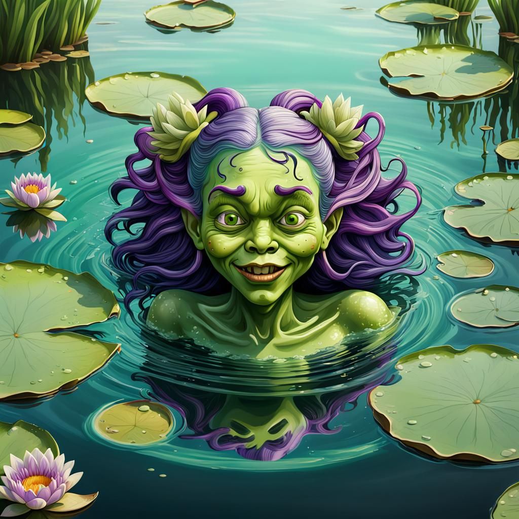 Cartoon Witch Swims in Lily Pond: Hyperrealistic Art