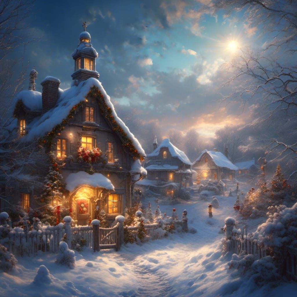 Snowman in Christmas Village at Night