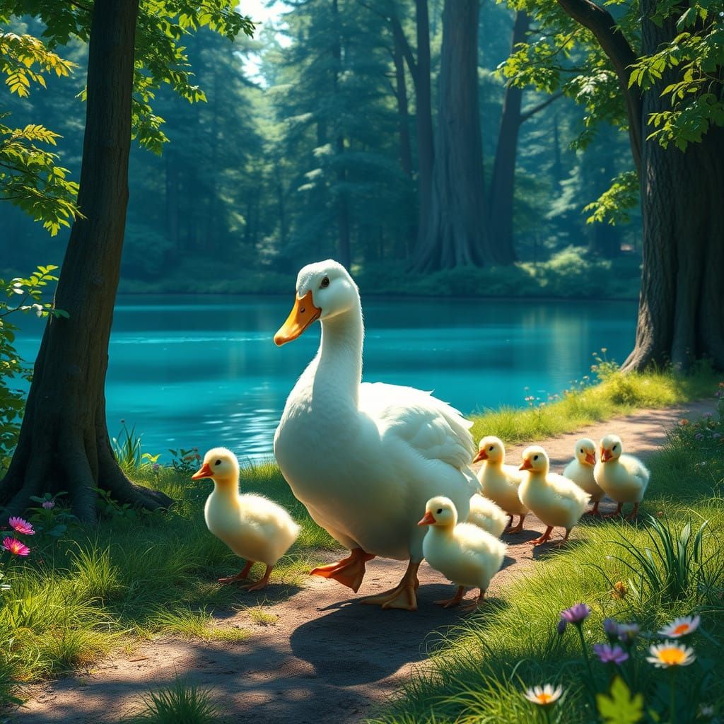 Motherly Love in a Dreamlike Forest Landscape