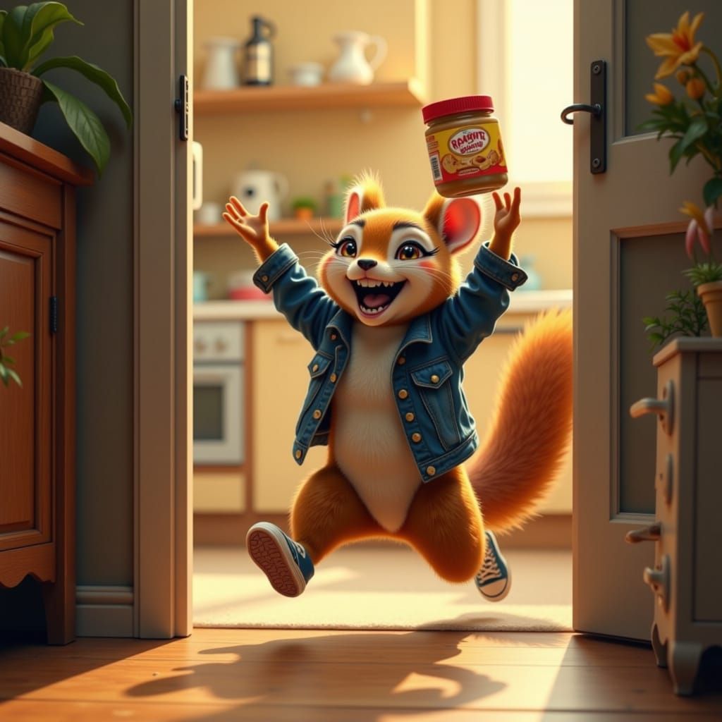 Mischievous Squirrel Stealing Peanut Butter, Whimsical Digit...