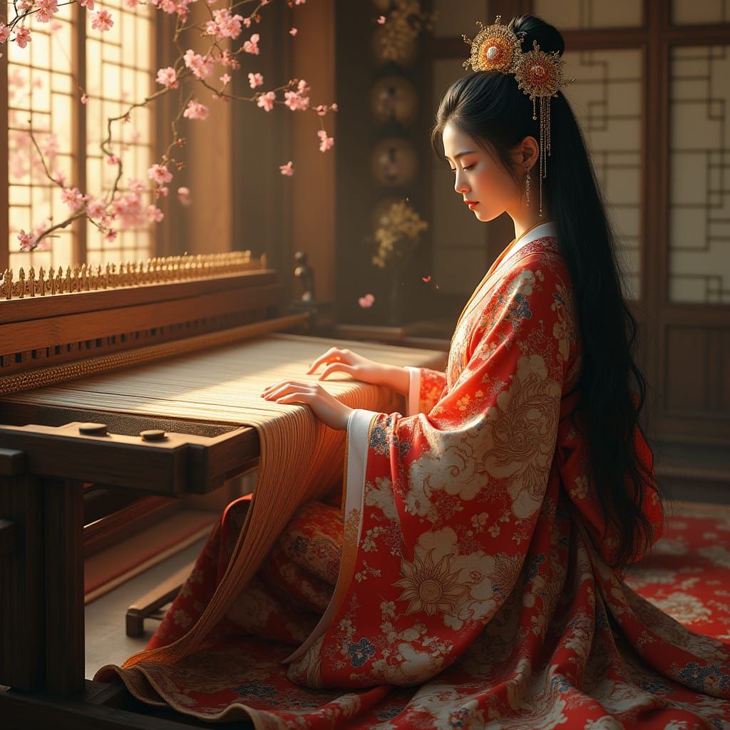 Serenely Weaving the Sunrise: Japanese Goddess Wakahirume in...