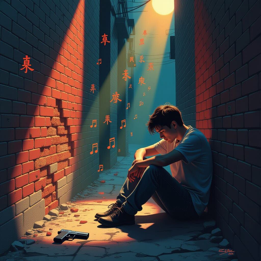 Young Man Weeps in Sunlit Alley, Concept Art Style