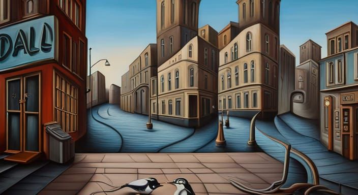 Surreal Urban Scene: Platypus Aids Penguin, Dali Style
