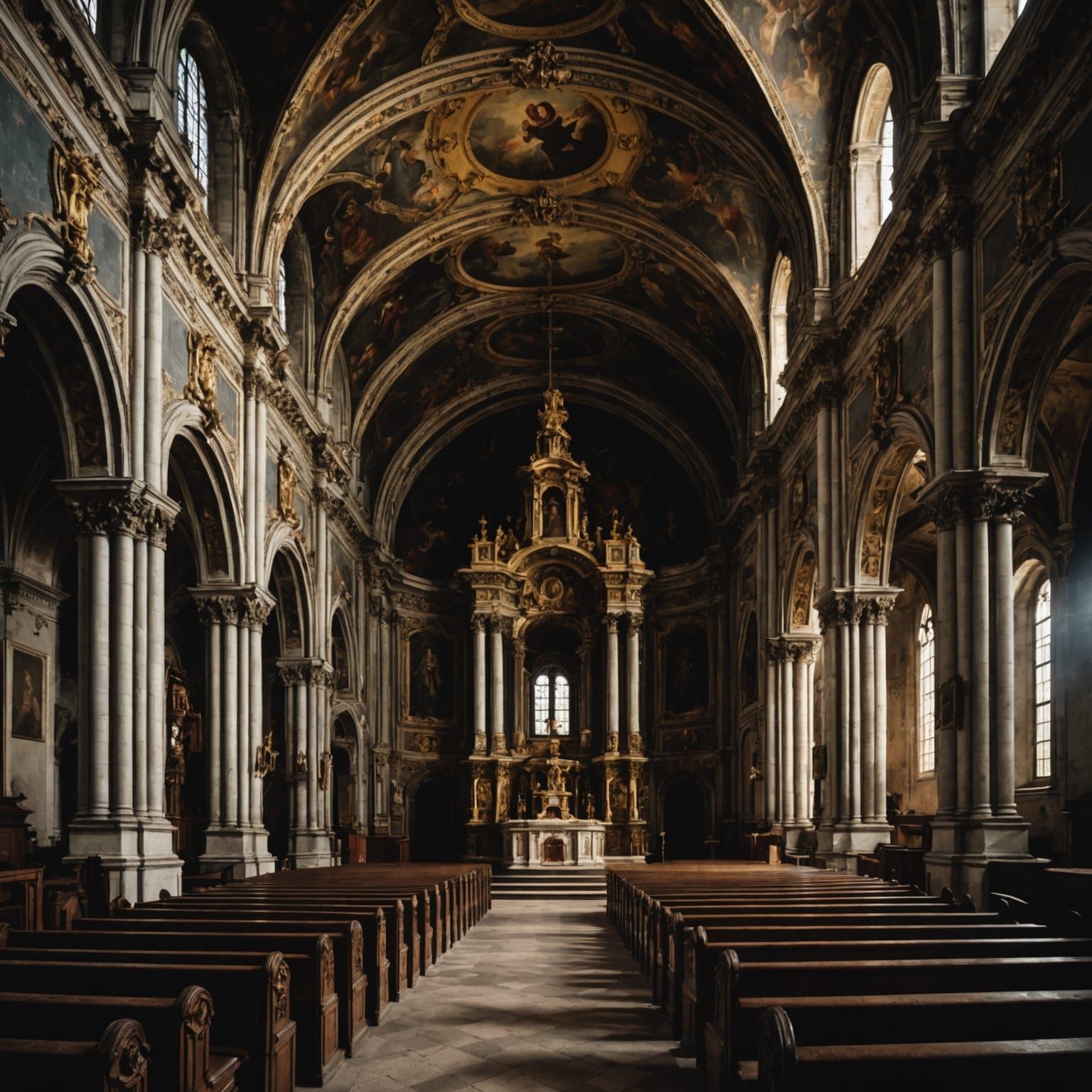 Dark Interior of an Old Baroque Church